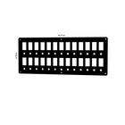 Blank switch/breaker panel, front view; two rows of rectangular cutouts, round breaker holes; 16.71×6.74 in