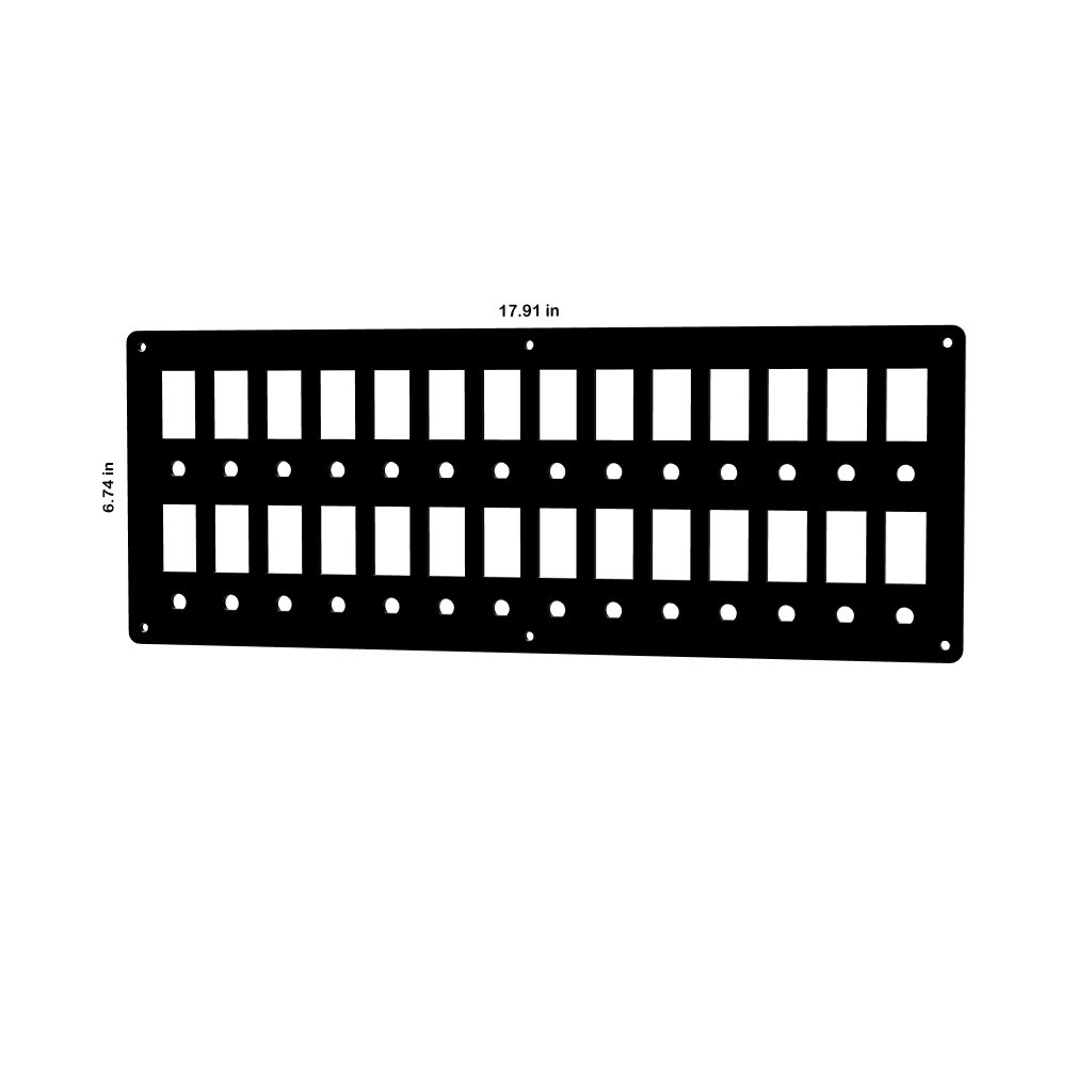 Front view of Contura switch/breaker blank panel showing cutout layout, mounting holes and 17.91 x 6.74 in