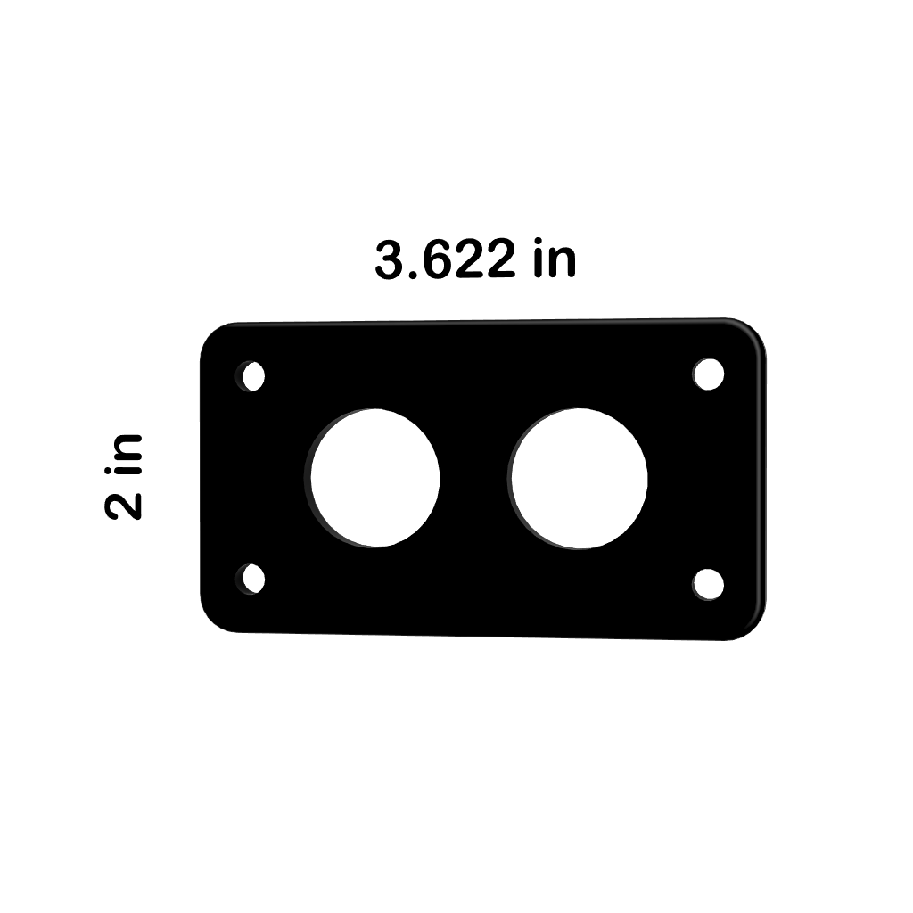 Front view diagram of blank panel for two 22mm push buttons showing 3.622 in by 2 in and four corner mounting holes