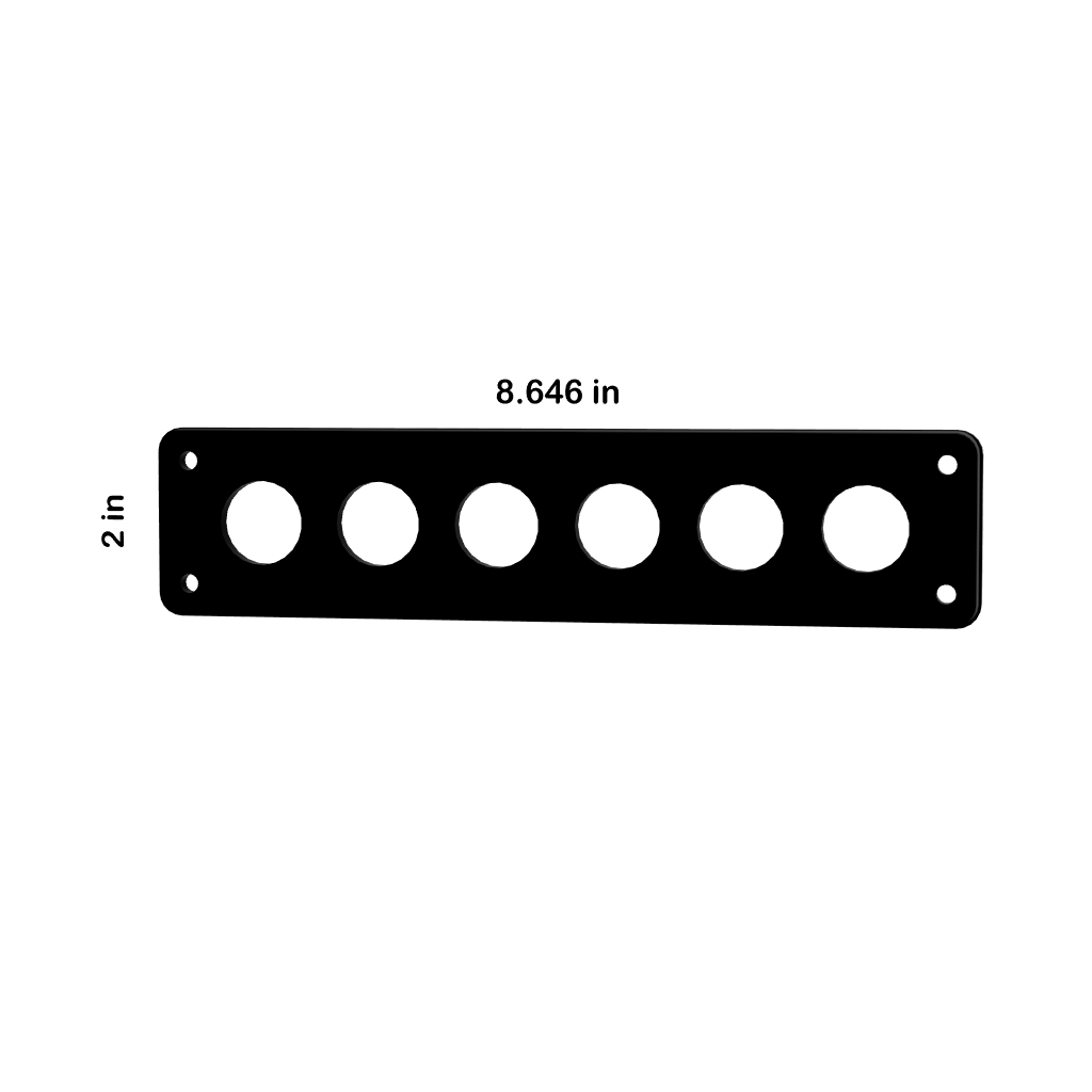 Front view of six-hole 22mm blank push-button panel showing mounting holes and dimensions 8.646 in by 2 in.