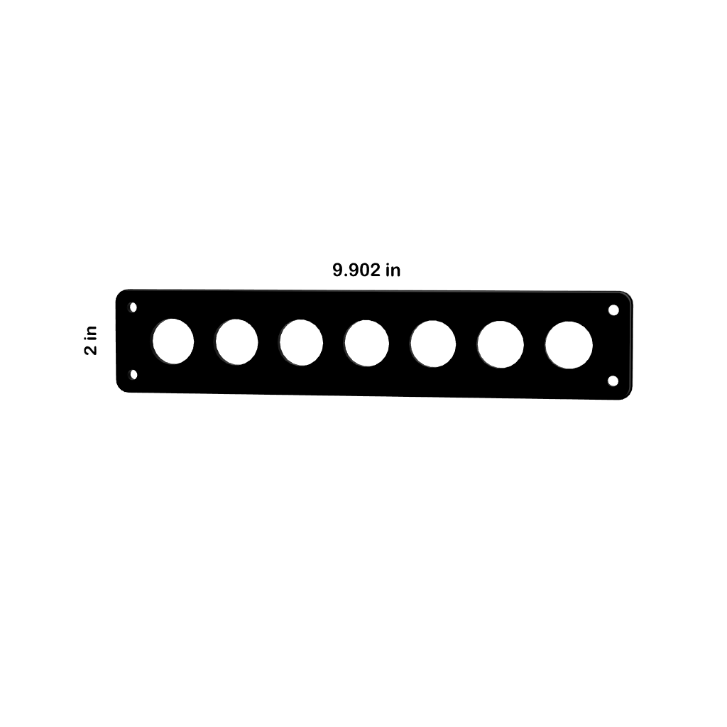 Front diagram of 22mm blank panel with seven round cutouts and end mounting holes, 9.902 in by 2 in