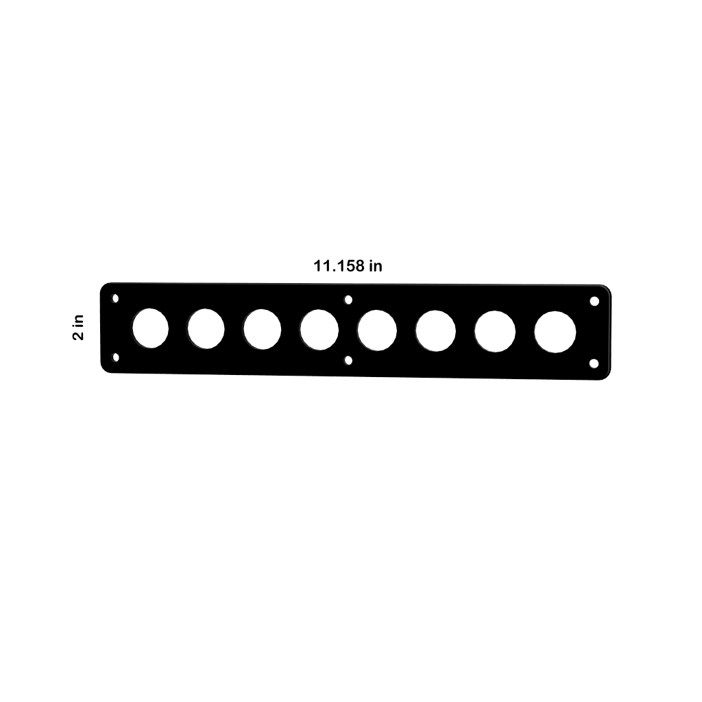 22mm push-button blank panel technical diagram showing eight circular cutouts, 11.158×2 in and mounting holes.