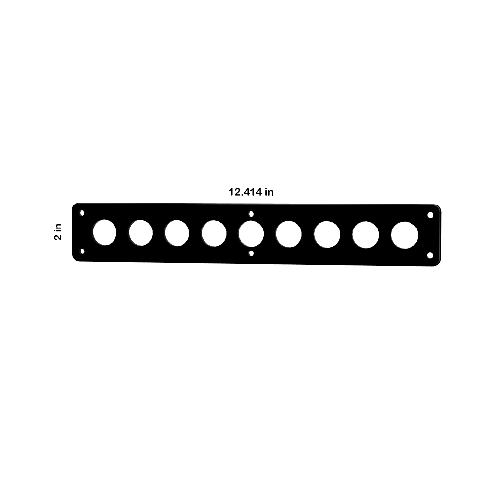 Front view of blank 22mm panel with nine circular cutouts, mounting holes and dimensions 12.414×2 in.