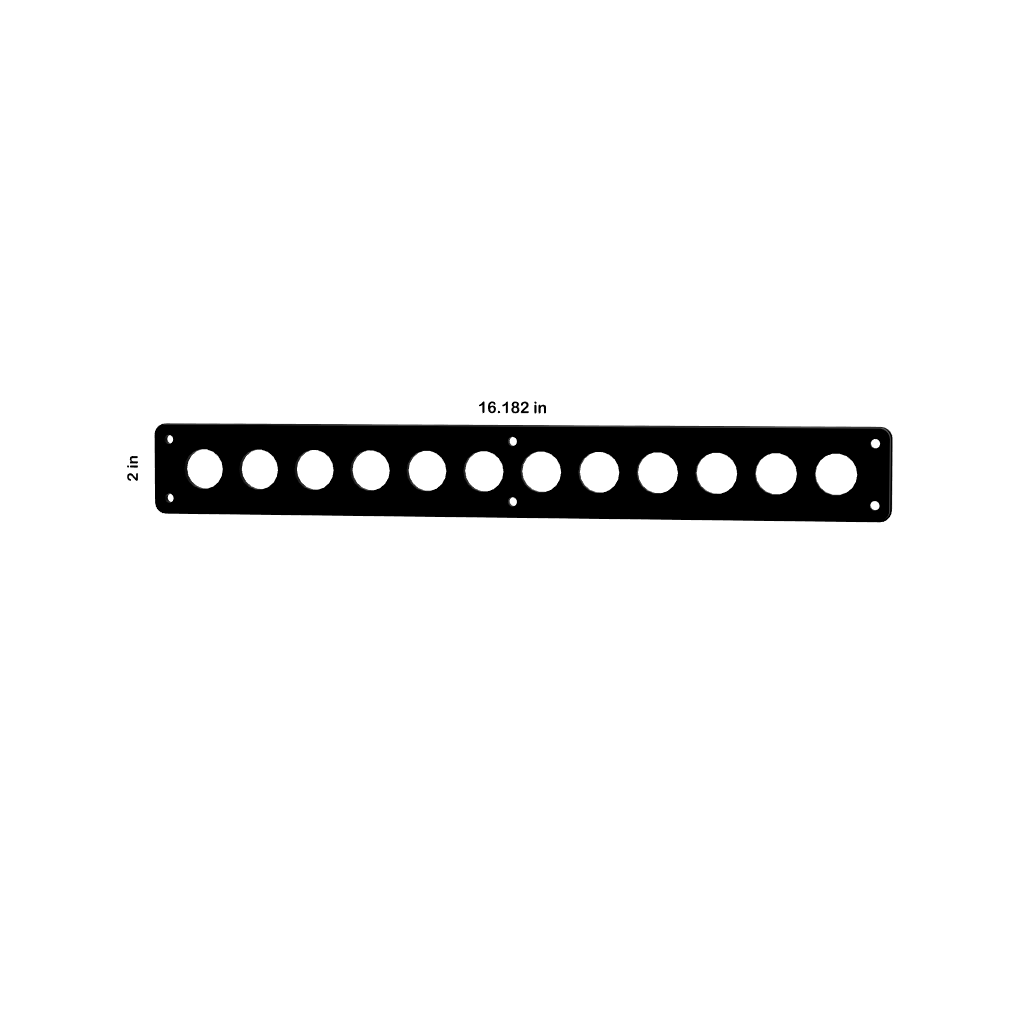Front view of 22mm push-button blank panel showing 12 circular cutouts, corner mounting holes, labeled 16.182 in × 2 in