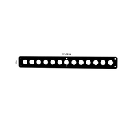 Front view of blank 22mm push-button panel showing row of circular cutouts and 17.438 × 2 in dimensions
