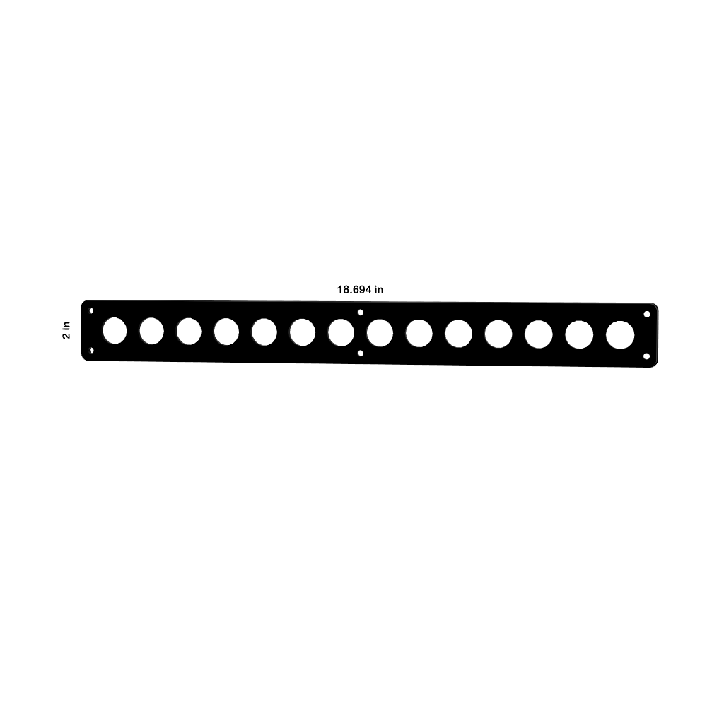 Front view of blank push-button panel showing 12 round cutouts and dimensions 18.694 in by 2 in.