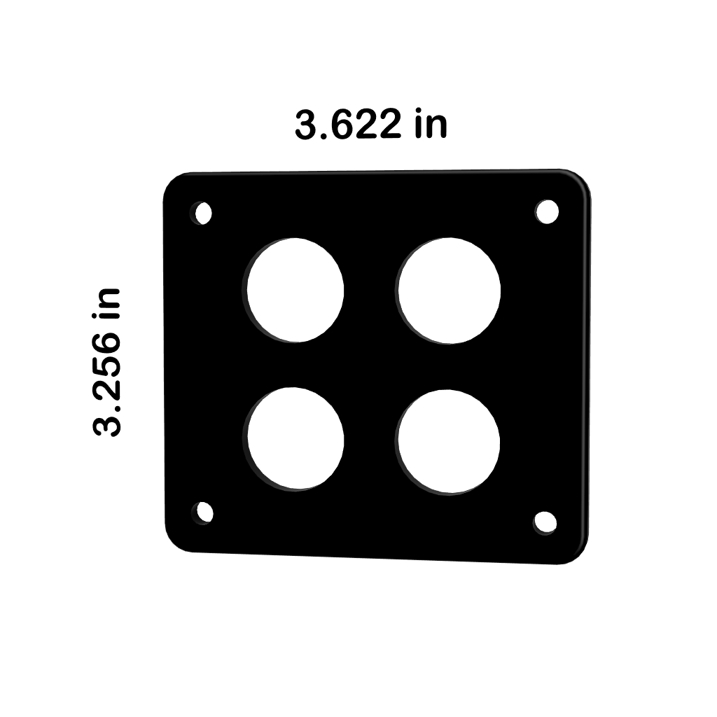 Front view of 22mm blank panel with four circular cutouts, corner screw holes and dimensions 3.622×3.256 in