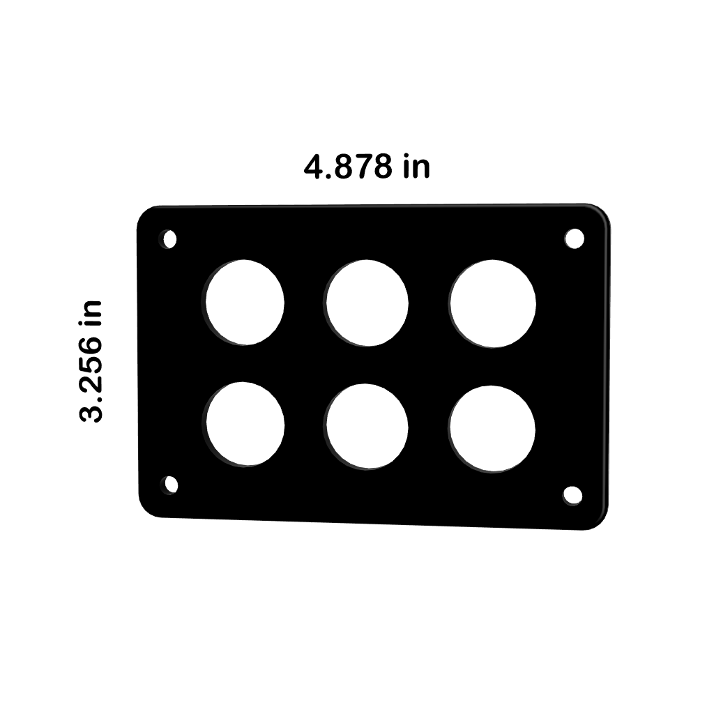 Front view diagram of blank push-button panel with six 22mm cutouts, four corner mounting holes, dimensions 4.878×3.256 in