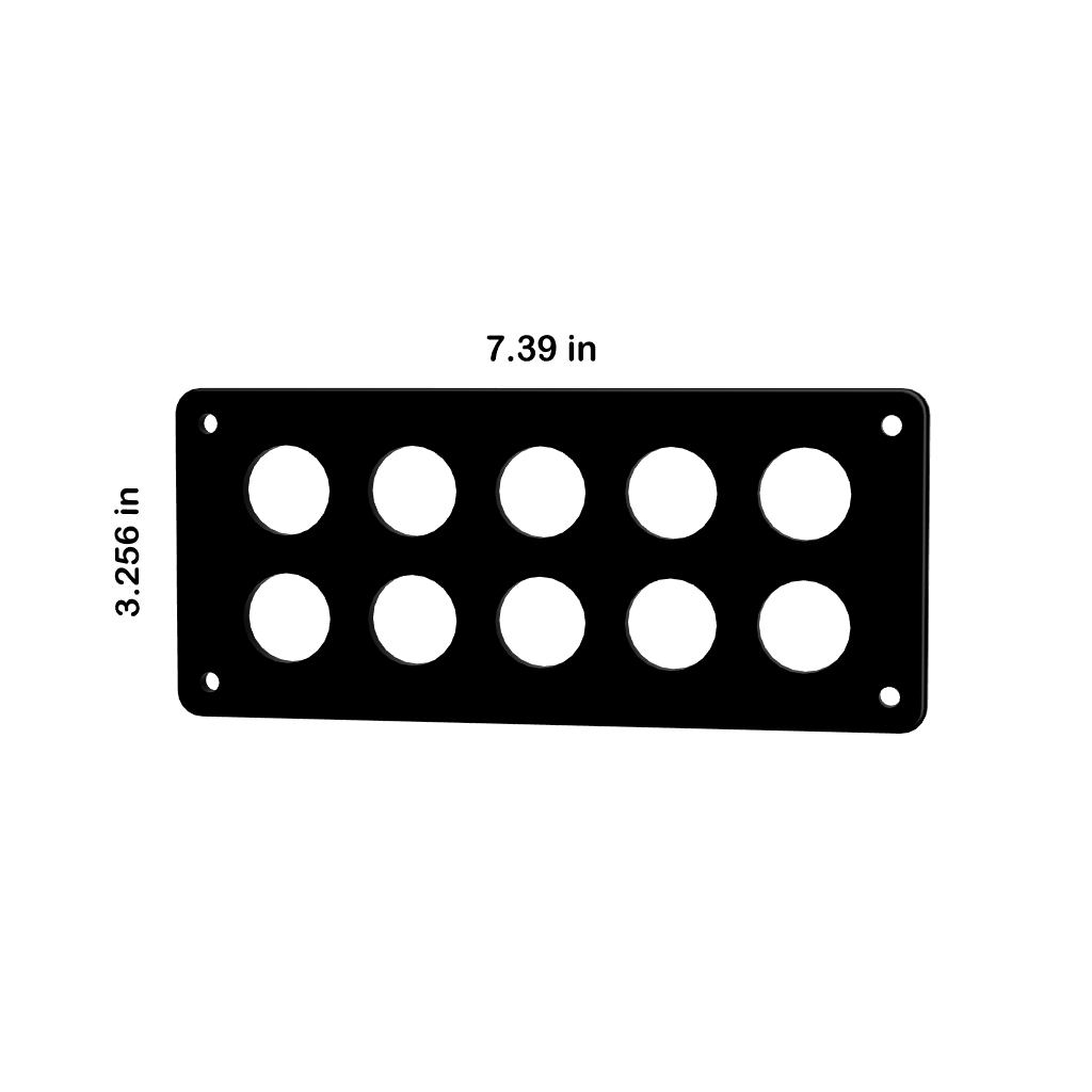 Front view of 22mm blank push-button panel with ten cutouts, corner mounting holes, labeled 7.39×3.256 in