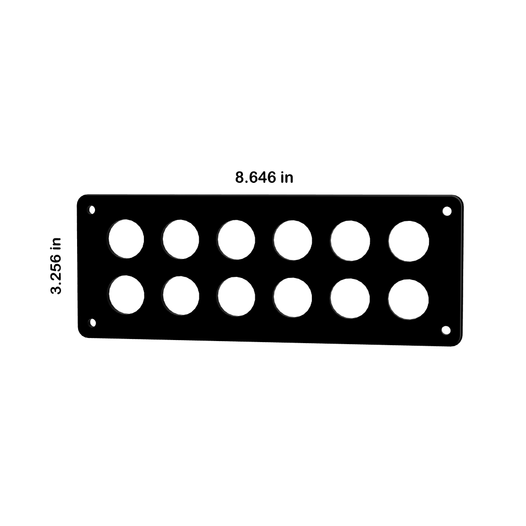 Front technical diagram showing 12 circular 22mm cutouts, corner mounting holes, overall 8.646 × 3.256 in.