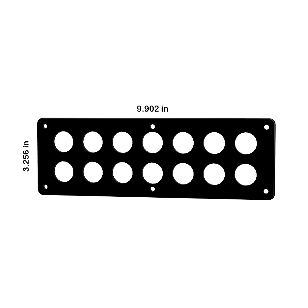 Front view of 22mm push-button blank panel with 14 round cutouts, mounting holes, 9.902×3.256 in