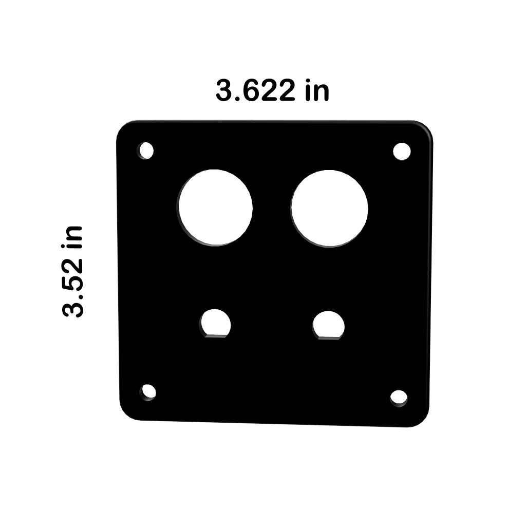 Front view showing hole layout and corner mounting holes on 22mm push-button blank panel; marked 3.622×3.52 in