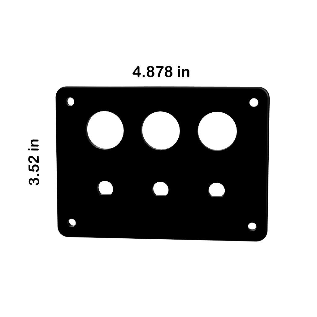 Blank front panel: three 22mm push-button cutouts, three small breaker holes, corner mounts; 4.878×3.52 in