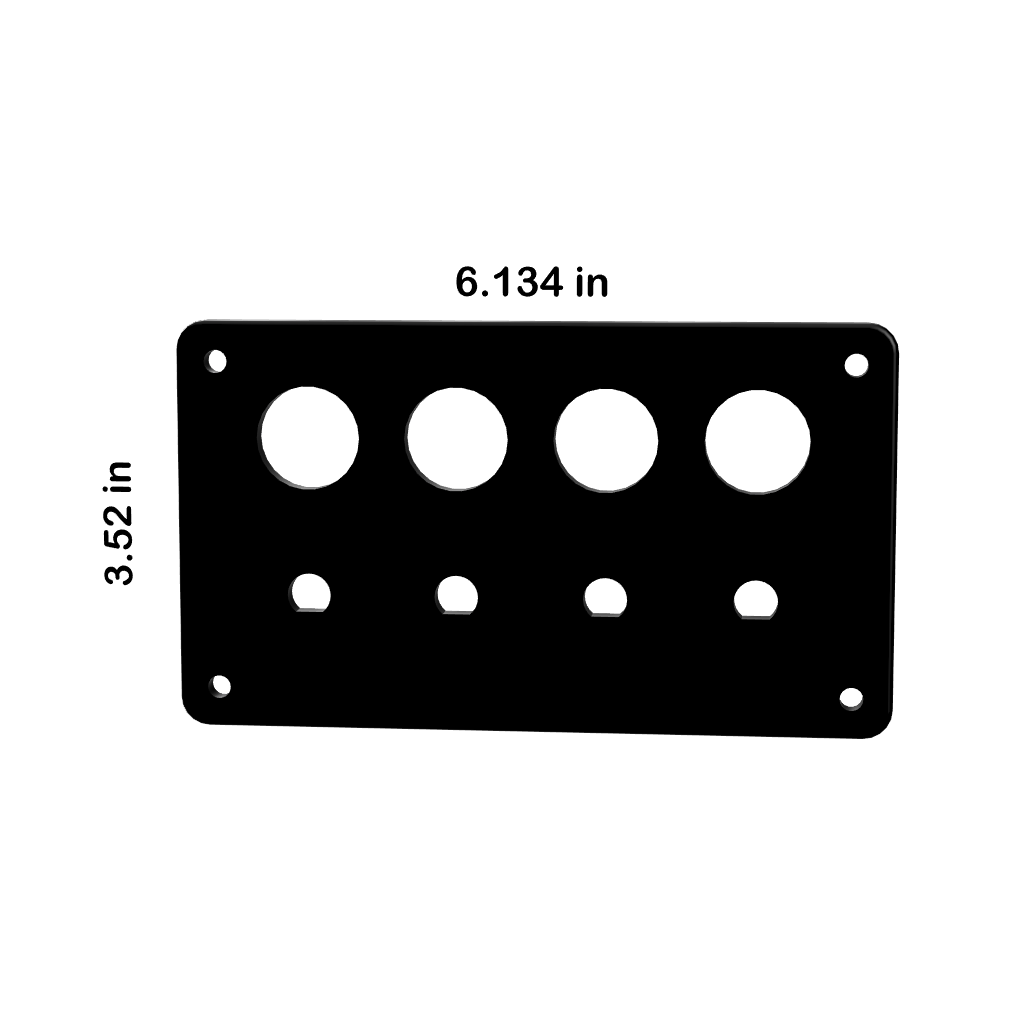 Front view of 22mm blank panel with four round top cutouts, four lower holes and size 6.134×3.52 in