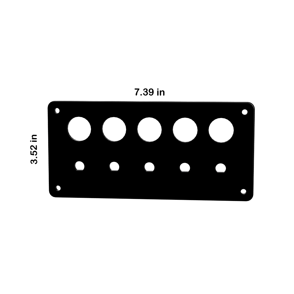Front view of blank push-button panel with five 22mm top cutouts, corner mounts, dimensions 7.39×3.52 in