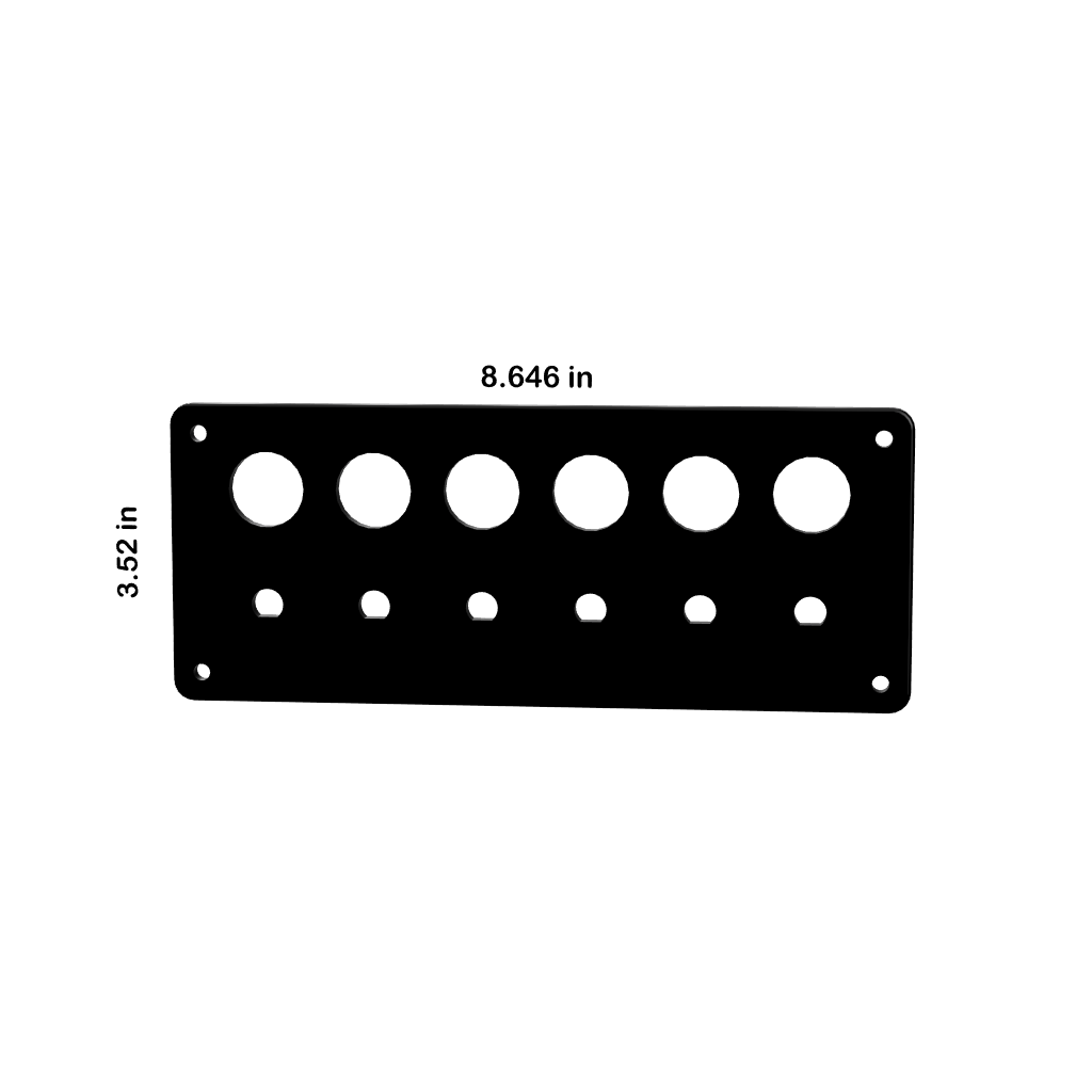 Front blank push-button panel with six large and six small cutouts, mounting holes; labeled 8.646×3.52 in.