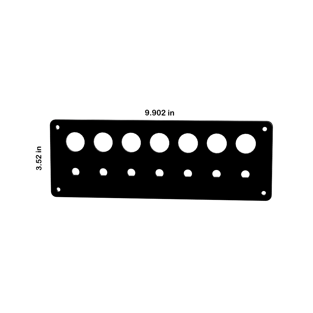 Front view: 22mm blank push-button panel with rows of large and small cutouts, corner mounts, 9.902×3.52 in