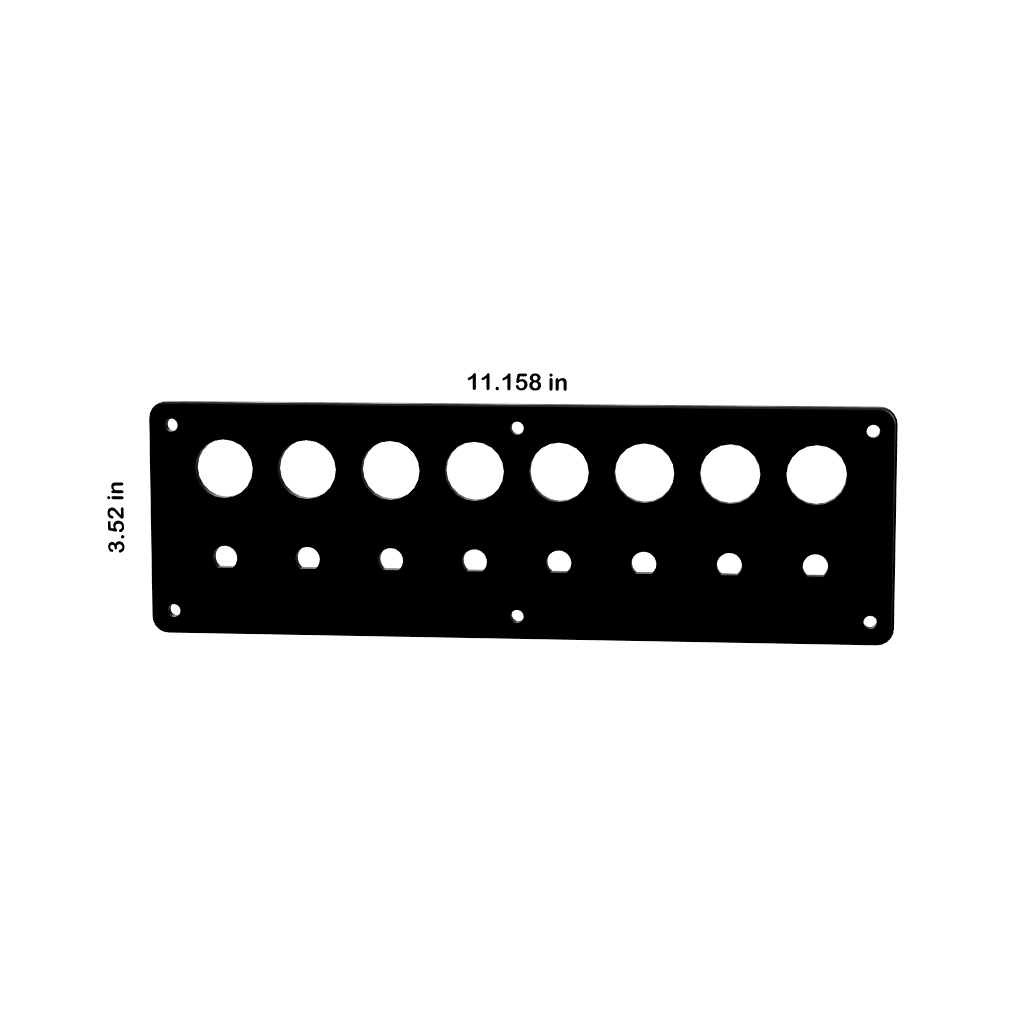 Front view of blank panel with 8 large and 8 small round cutouts, mount holes; measures 11.158×3.52 in