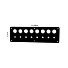 Front view of blank panel with 8 large and 8 small round cutouts, mount holes; measures 11.158×3.52 in