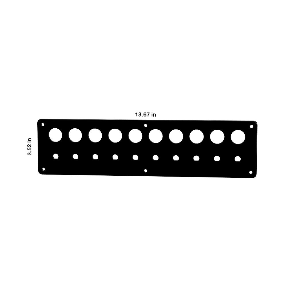 Front view of blank 22mm push-button panel showing two rows of circular cutouts, mounting holes and dimensions