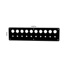 Front view of blank 22mm push-button panel showing two rows of circular cutouts, mounting holes and dimensions