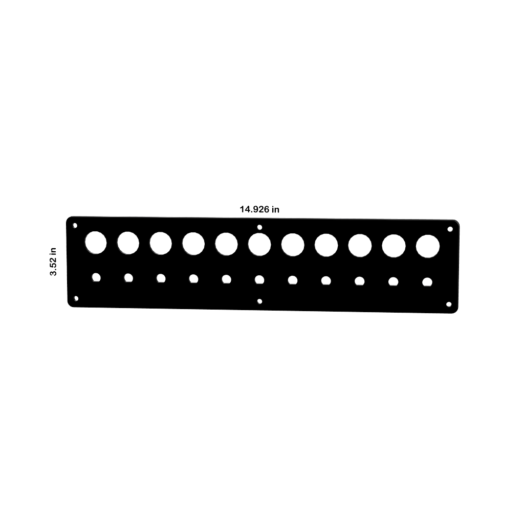 Front view of blank push-button panel showing 12 22mm cutouts, mounting holes and dimensions 14.926×3.52 in