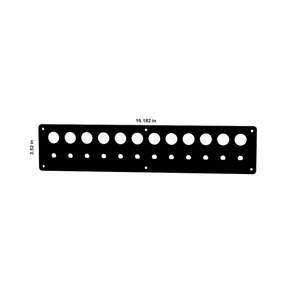 Front view of 22mm push-button blank panel with two rows of cutouts, corner mounting holes, 16.18×3.52 in.