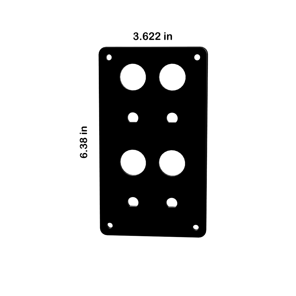 Front diagram of blank push-button panel with four 22mm holes, corner screw holes, dimensions 3.622×6.38 in