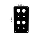 Front diagram of blank push-button panel with four 22mm holes, corner screw holes, dimensions 3.622×6.38 in
