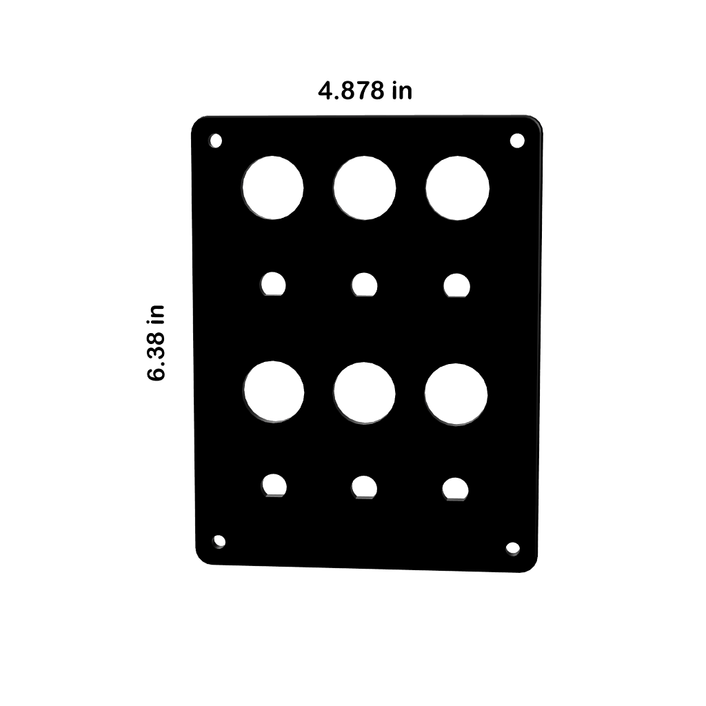 Front view of 22mm push-button blank panel showing 3x3 round cutouts, corner mounting holes, and dimensions 4.878×6.38 in