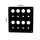 Front view of blank 4x4 button panel with 22mm round cutouts, small LED holes, corner screw holes; 6.13×6.38in