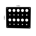 22mm push-button blank panel, front view, rows of large and small cutouts, corner mounting holes, 7.39×6.38 in