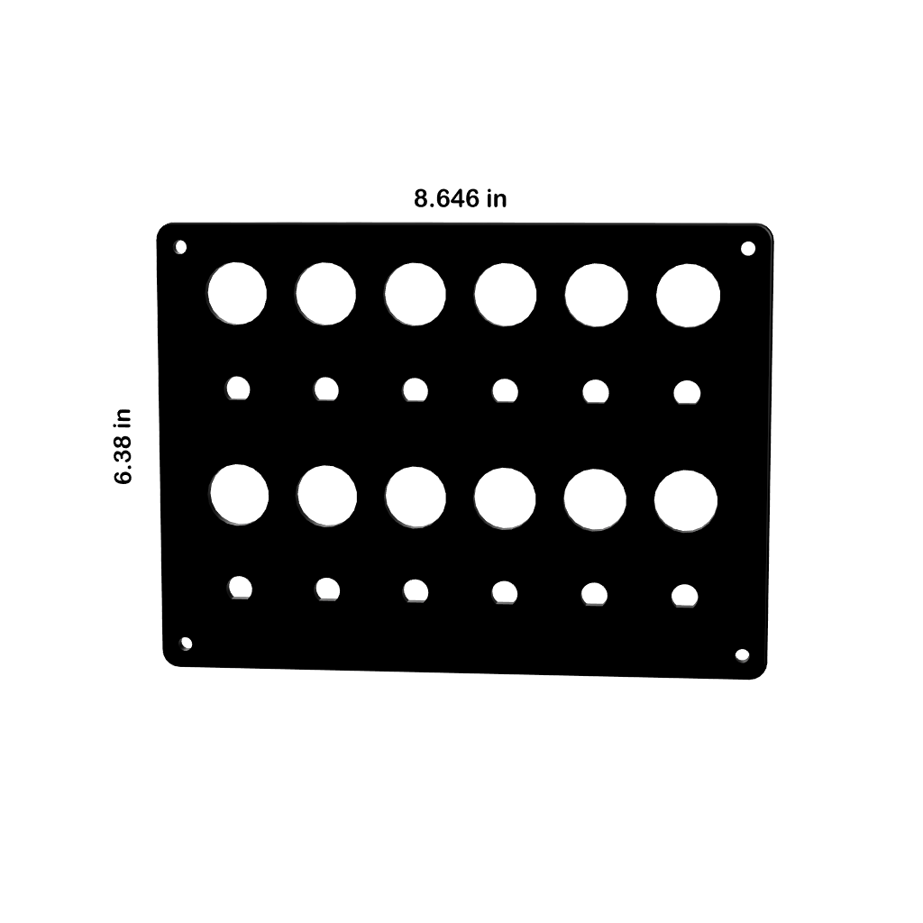 Front view: 8.646 x 6.38 in blank panel with 12 large, 12 small circular cutouts and corner mounting holes