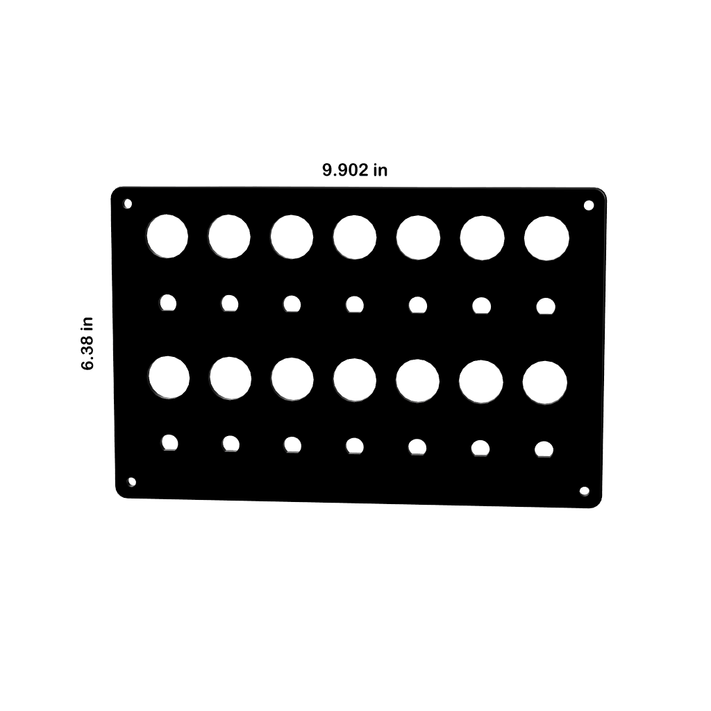 Front view of push-button blank panel showing cutout pattern and dimensions 9.902×6.38 in