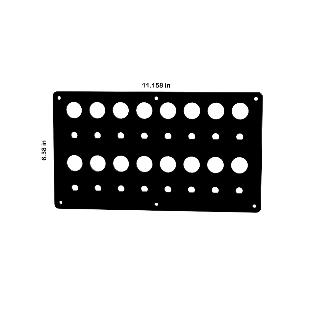 Front view blank switch panel showing 22mm circular cutouts, smaller breaker holes and 11.158×6.38 in dimensions