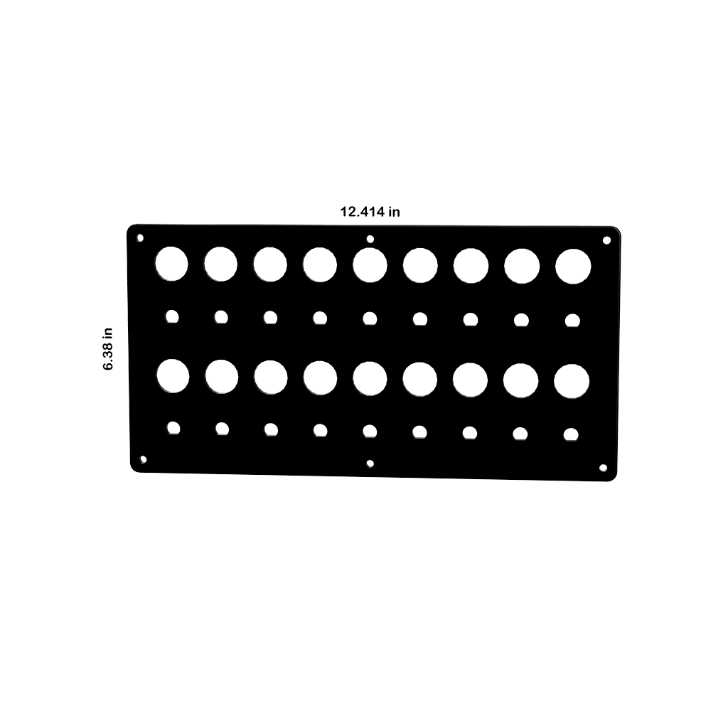 Front view of blank push-button switch panel showing hole layout, mounting holes and dimensions 12.414×6.38 in