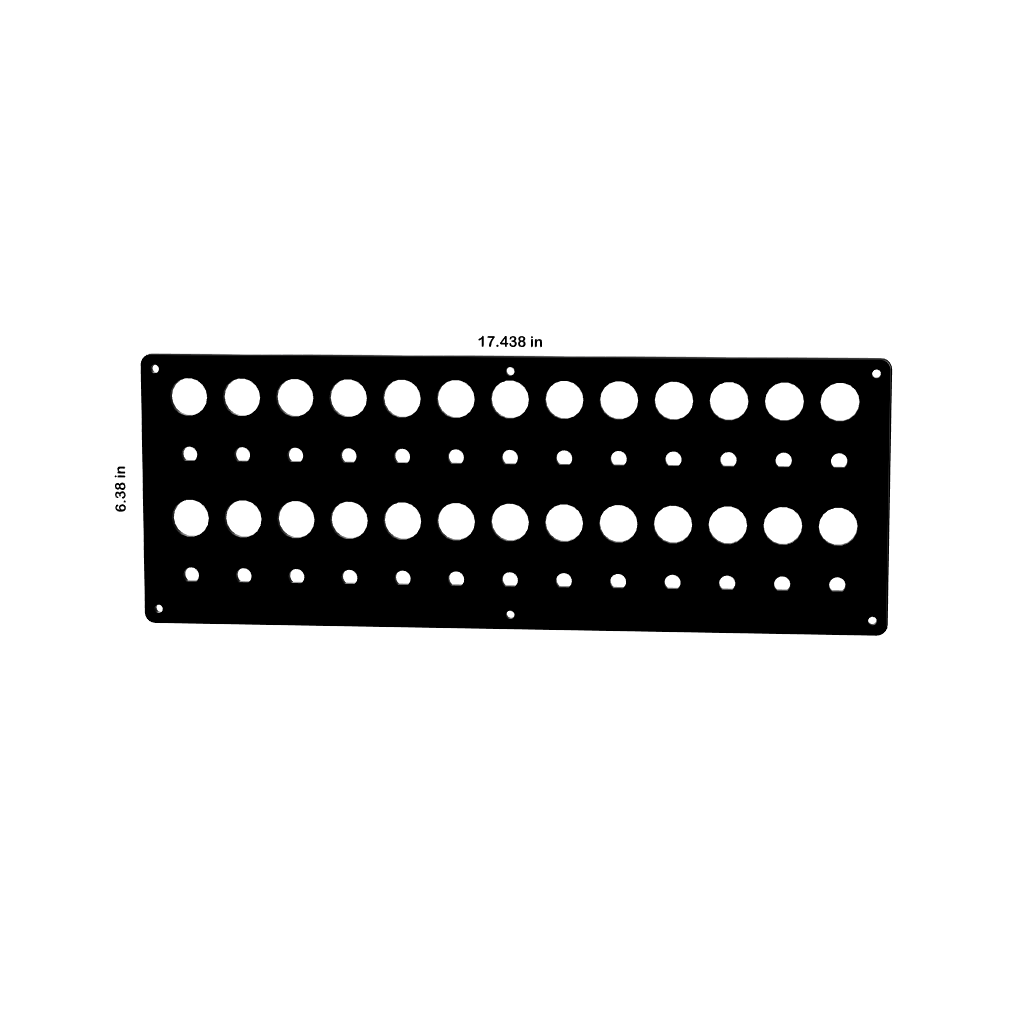 Contura blank switch/breaker panel front view showing cutouts, mounting holes and dimensions 17.438×6.38 in.