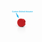 22mm red horn actuator shown at front-right angle, highlighting flat etched face and side mounting slots