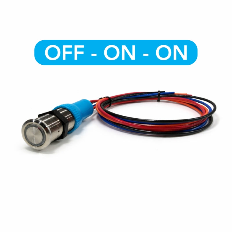 Bluewater dual-output stainless push-button switch labeled 'OFF - ON - ON' with wires