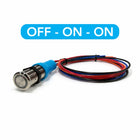 Bluewater dual-output stainless push-button switch labeled 'OFF - ON - ON' with wires