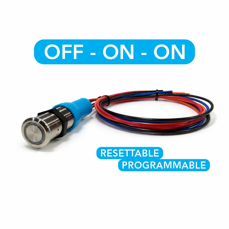 Bluewater OFF-ON-ON dual-output resettable pushbutton switch combo with stainless bezel