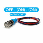 Bluewater dual momentary stainless pushbutton switch labeled OFF - (ON) - (ON) with wires