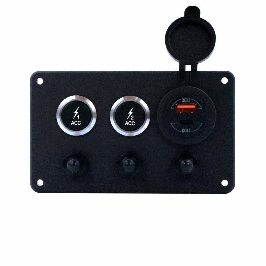 2 Switch Panel 22mm Push Buttons w/ Breakers & USB