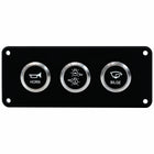 A black marine control panel with three circular buttons featuring brushed silver bezels. The buttons are labeled 'HORN', 'AME/BLAS' with a light symbol, and 'BILGE' with a garbage can symbol.