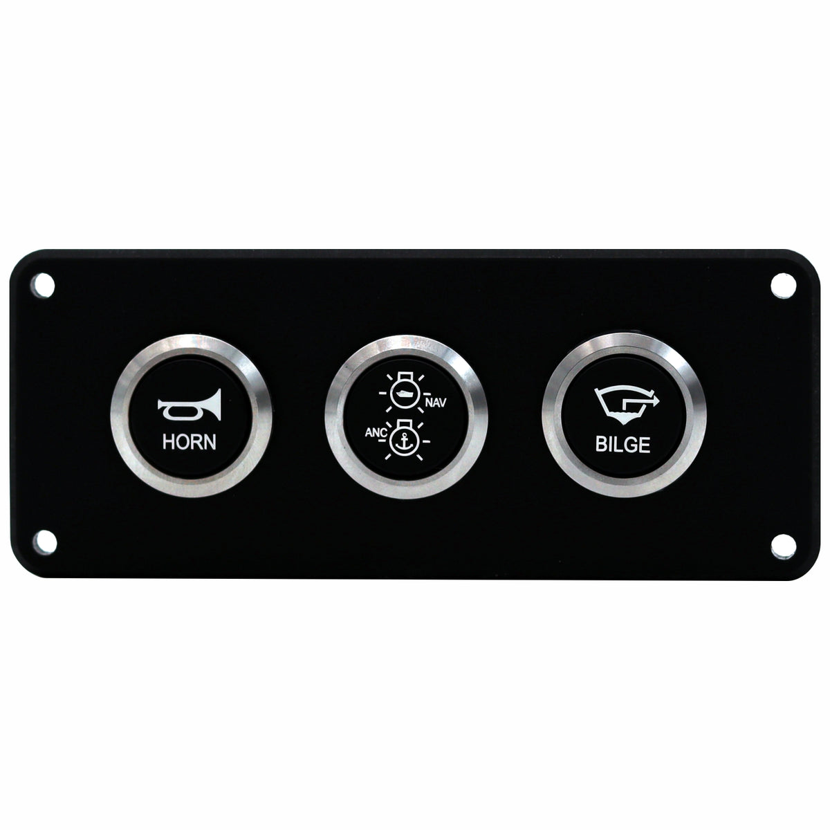 A black marine control panel with three circular buttons featuring brushed silver bezels. The buttons are labeled 'HORN', 'AME/BLAS' with a light symbol, and 'BILGE' with a garbage can symbol.
