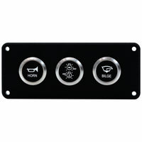 A black marine control panel with three circular buttons featuring brushed silver bezels. The buttons are labeled 'HORN', 'AME/BLAS' with a light symbol, and 'BILGE' with a garbage can symbol.