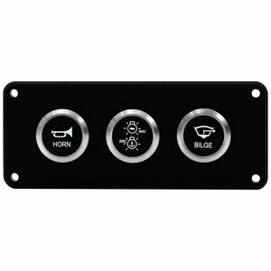 A black marine control panel with three circular buttons featuring brushed silver bezels. The buttons are labeled 'HORN', 'AME/BLAS' with a light symbol, and 'BILGE' with a garbage can symbol.