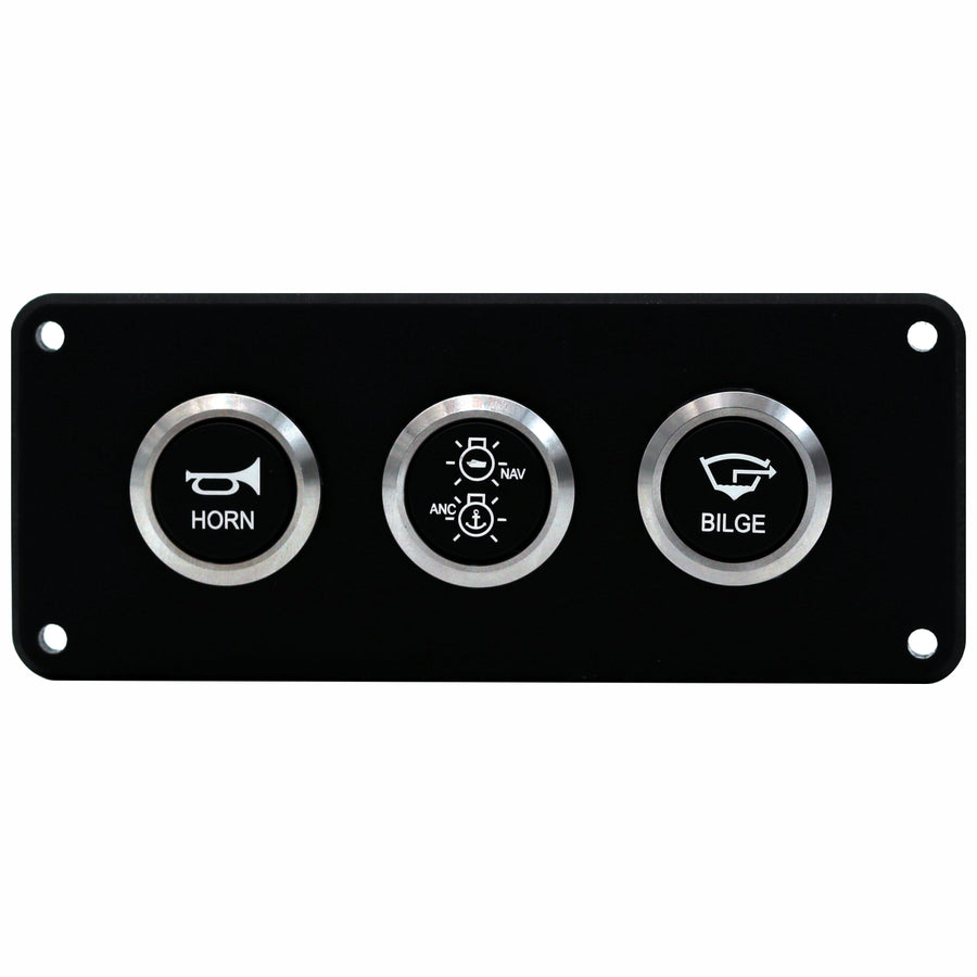 A black marine control panel with three circular buttons featuring brushed silver bezels. The buttons are labeled 'HORN', 'AME/BLAS' with a light symbol, and 'BILGE' with a garbage can symbol.