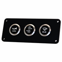 A black marine control panel with three circular silver buttons labeled HORN, ANC/BLAST LIGHT, and BILGE, shown on a plain white background.