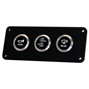 A black marine control panel with three circular silver buttons labeled HORN, ANC/BLAST LIGHT, and BILGE, shown on a plain white background.